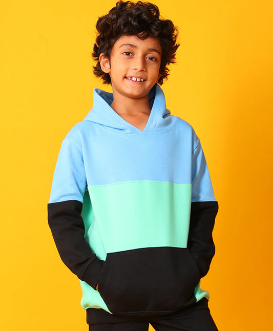SEAGREEN BLUE BLACK BOYS COLOR BLOCK FLEECE HOODIE - BLUE/BLACK