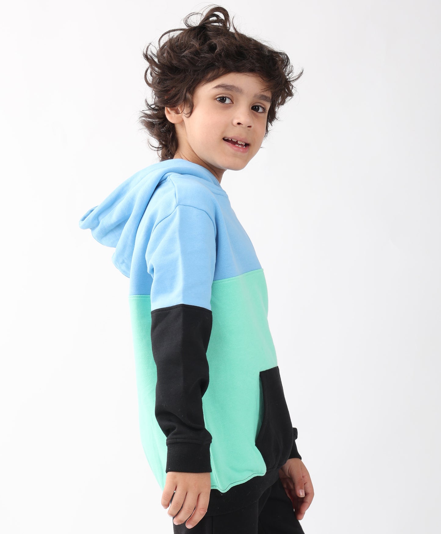 SEAGREEN BLUE BLACK BOYS COLOR BLOCK FLEECE HOODIE - BLUE/BLACK