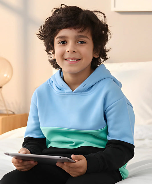 SEAGREEN BLUE BLACK BOYS COLOR BLOCK FLEECE HOODIE - BLUE/BLACK