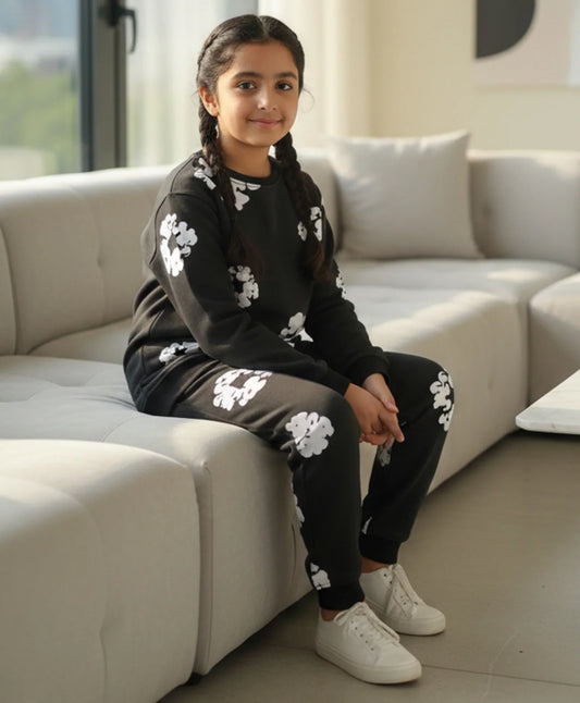 POP BLACK & WHITE GIRLS FLEECE SWEATSHIRT JOGGER WINTER SET - BLACK