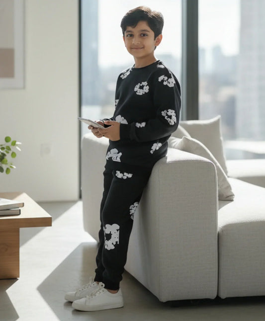 POP BLACK & WHITE BOYS FLEECE SWEATSHIRT JOGGER WINTER SET - BLACK - Anthrilo