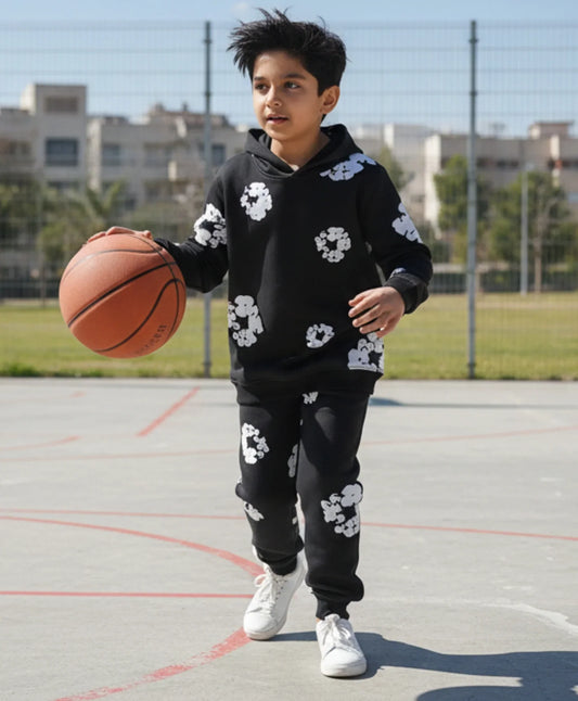 POP BLACK & WHITE BOYS FLEECE HOODIE JOGGER SET - BLACK