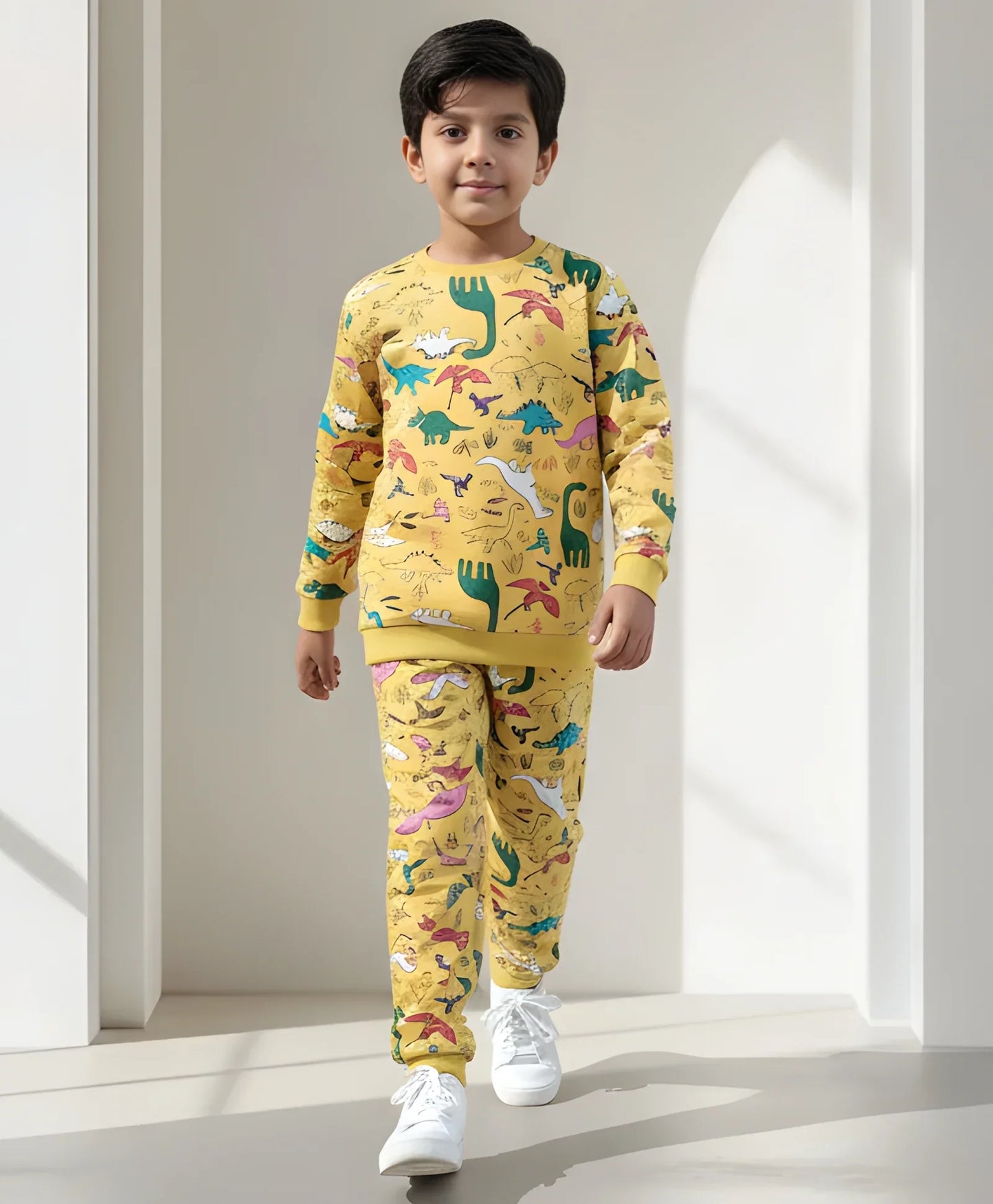 RAINING DINOSAUR BOYS FLEECE SWEATSHIRT JOGGER SET - YELLOW