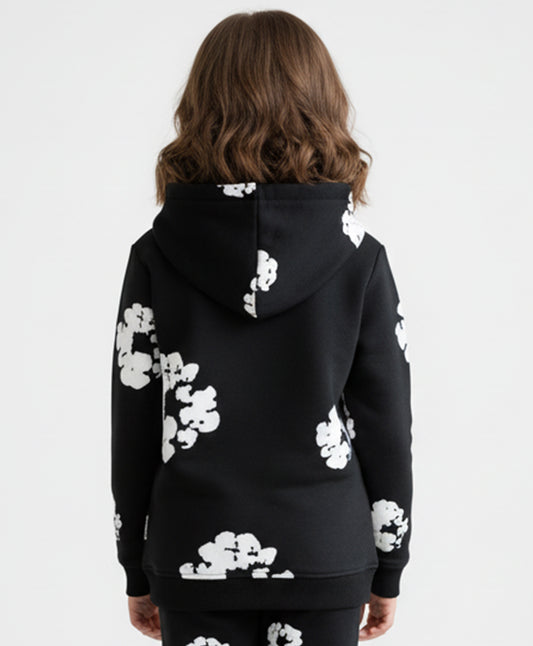 POP BLACK & WHITE GIRLS FLEECE HOODIE - BLACK