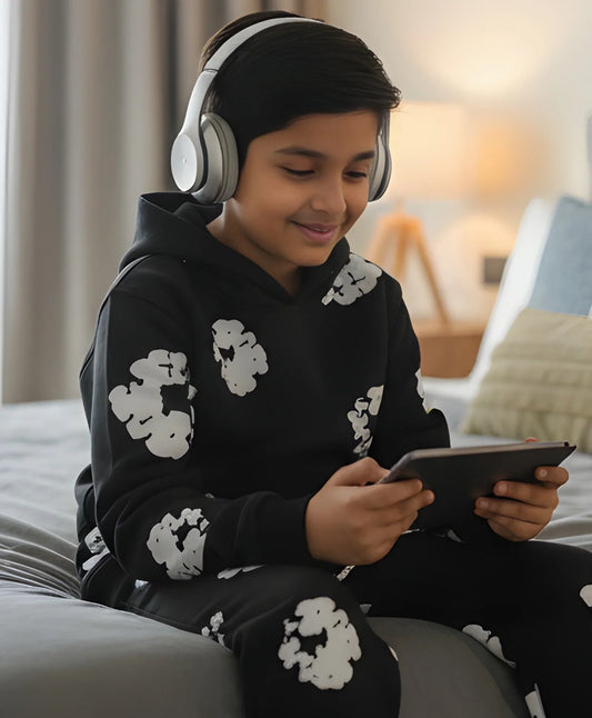 POP BLACK & WHITE BOYS FLEECE HOODIE - BLACK