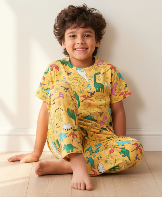 RAINING DINOSAUR SHORT SLEEVE PYJAMA SET - YELLOW
