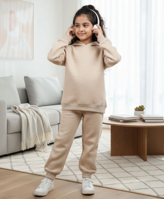 NEW ESSENTIALS GIRLS FLEECE HOODIE JOGGER SET - BEIGE