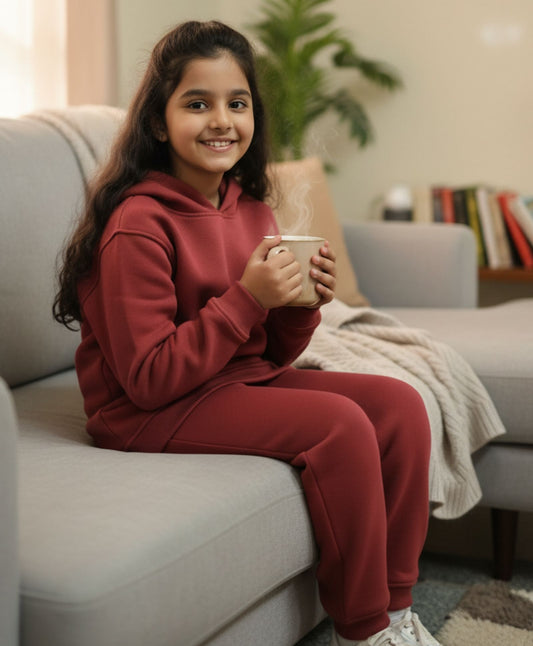 BEYOND BASIC GIRLS FLEECE HOODIE JOGGER SET - WINE