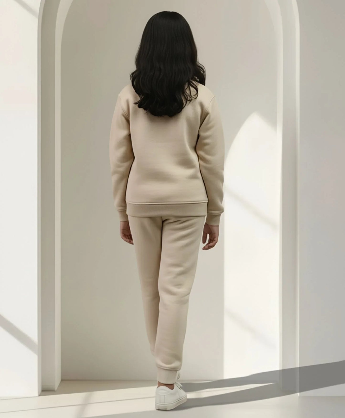 NEW ESSENTIALS GIRLS FLEECE SWEATSHIRT JOGGER SET - BEIGE