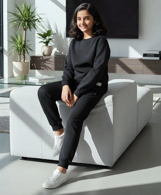 REBEL ESSENTIALS GIRLS FLEECE SWEATSHIRT JOGGER SET - BLACK