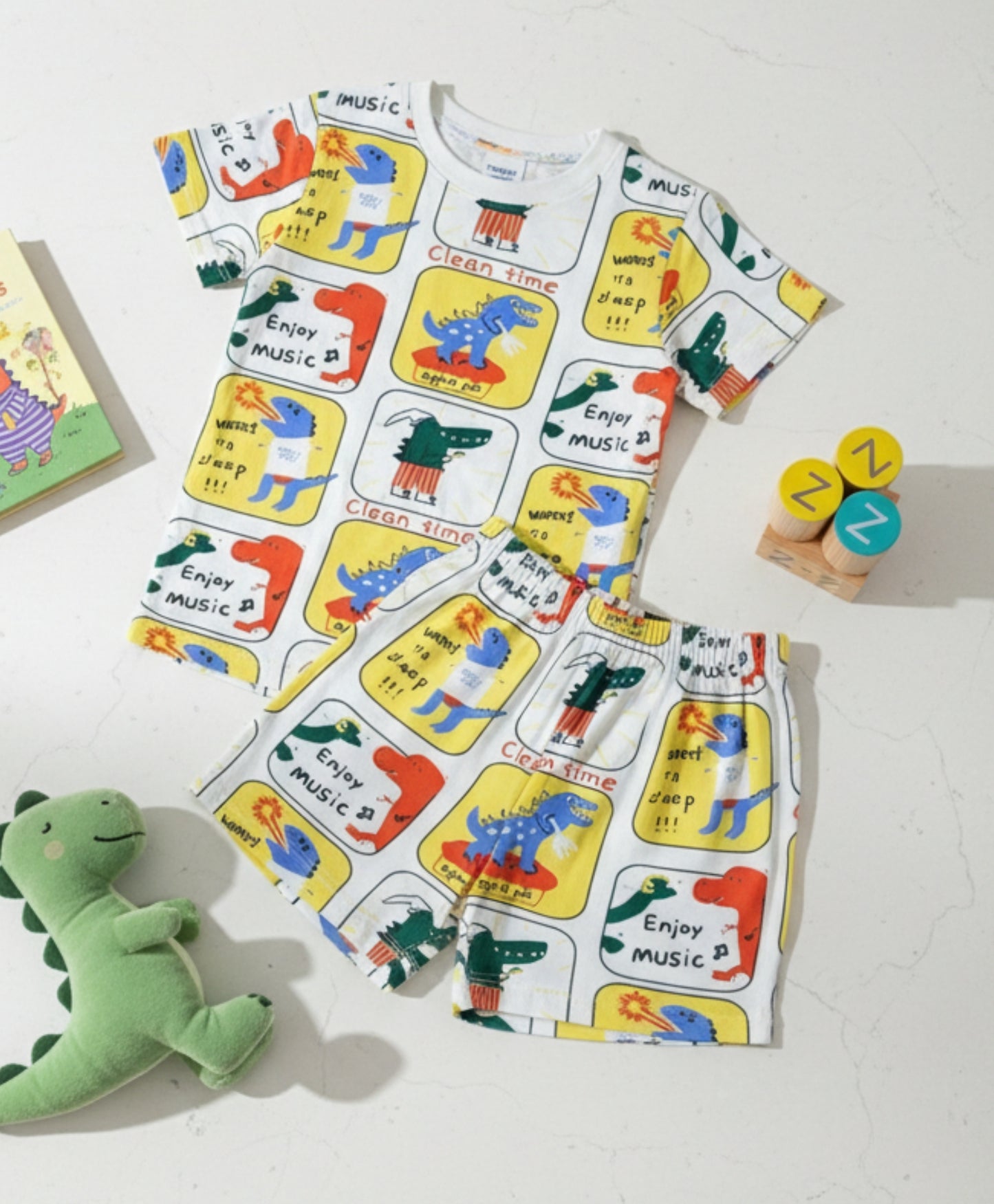 DINOSAUR STAMP BOYS SLEEPWEAR SHORT SET - WHITE