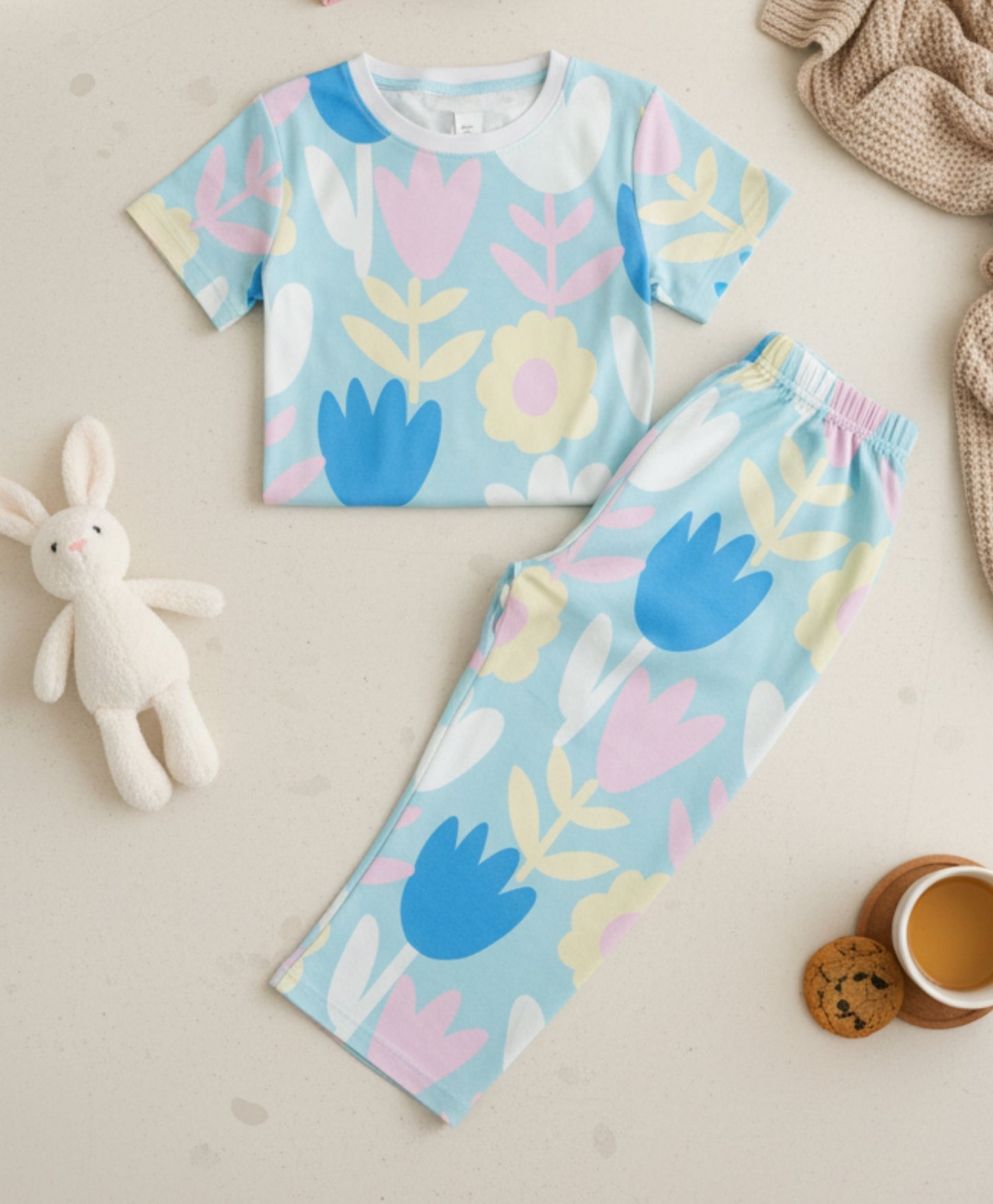 AQUA FLOWER SHORT SLEEVE PYJAMA SET - AQUA