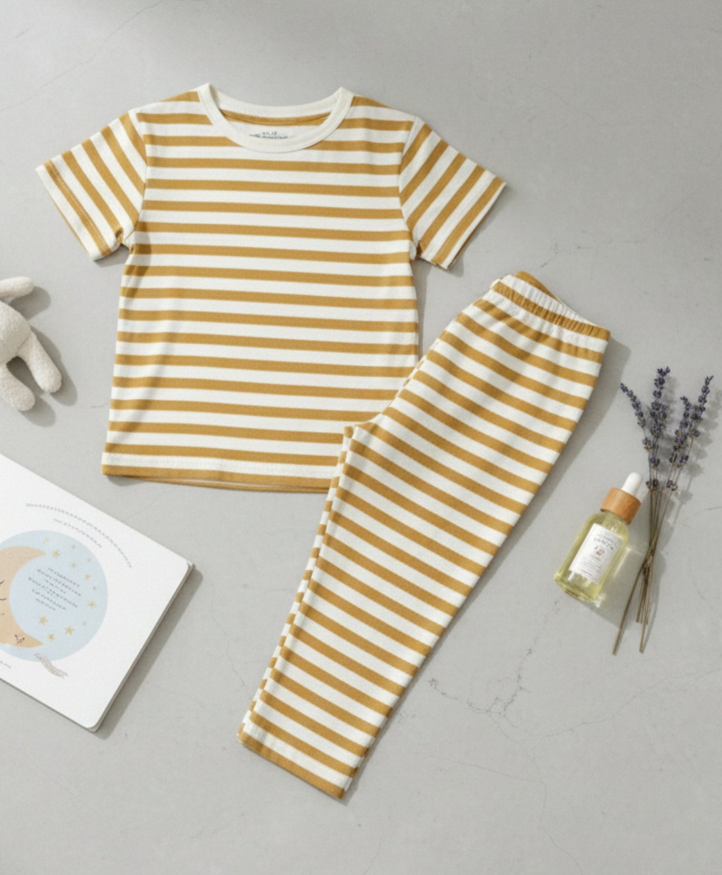 BEIGE WHITE STRIPE SHORT SLEEVE PYJAMA SET - BEIGE/WHITE