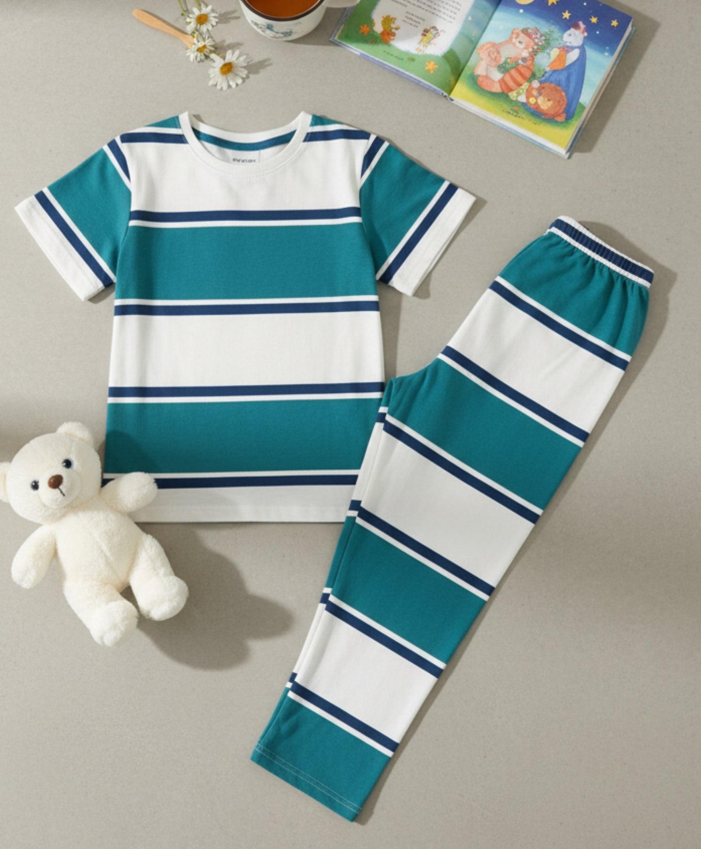 OIL GREEN NAVY WHITE STRIPE SHORT SLEEVE PYJAMA SET - OIL GREEN/NAVY/WHITE