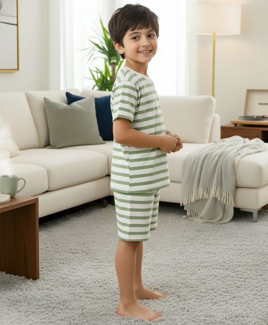 GREEN WHITE STRIPE SLEEPWEAR SHORT SET - GREEN/WHITE
