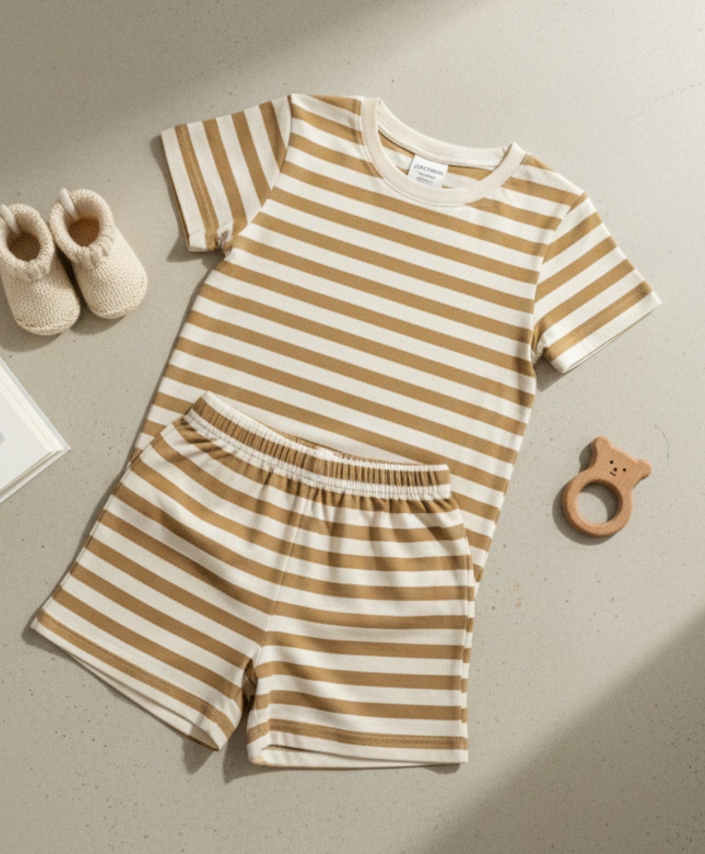 BEIGE WHITE STRIPE SLEEPWEAR SHORT SET - BEIGE/WHITE
