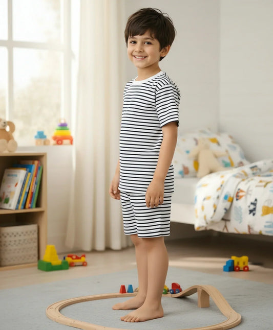 BLACK WHITE STRIPE SLEEPWEAR SHORT SET - BLACK/WHITE - Anthrilo