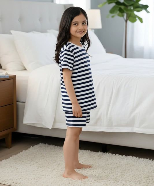 NAVY WHITE STRIPE GIRLS SLEEPWEAR SHORT SET - NAVY/WHITE