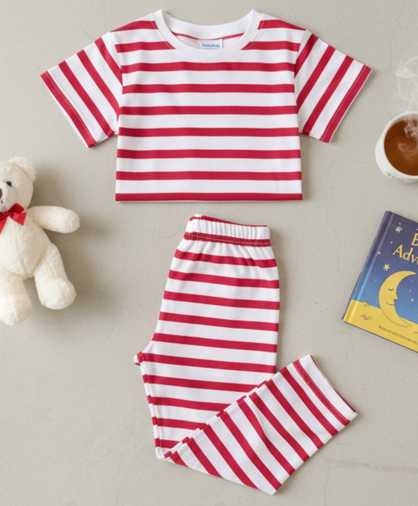 RED WHITE STRIPE SHORT GIRLS SLEEVE PYJAMA SET - RED/WHITE