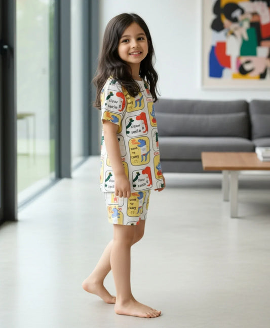 DINOSAUR STAMP GIRLS SLEEPWEAR SHORT SET - WHITE - Anthrilo