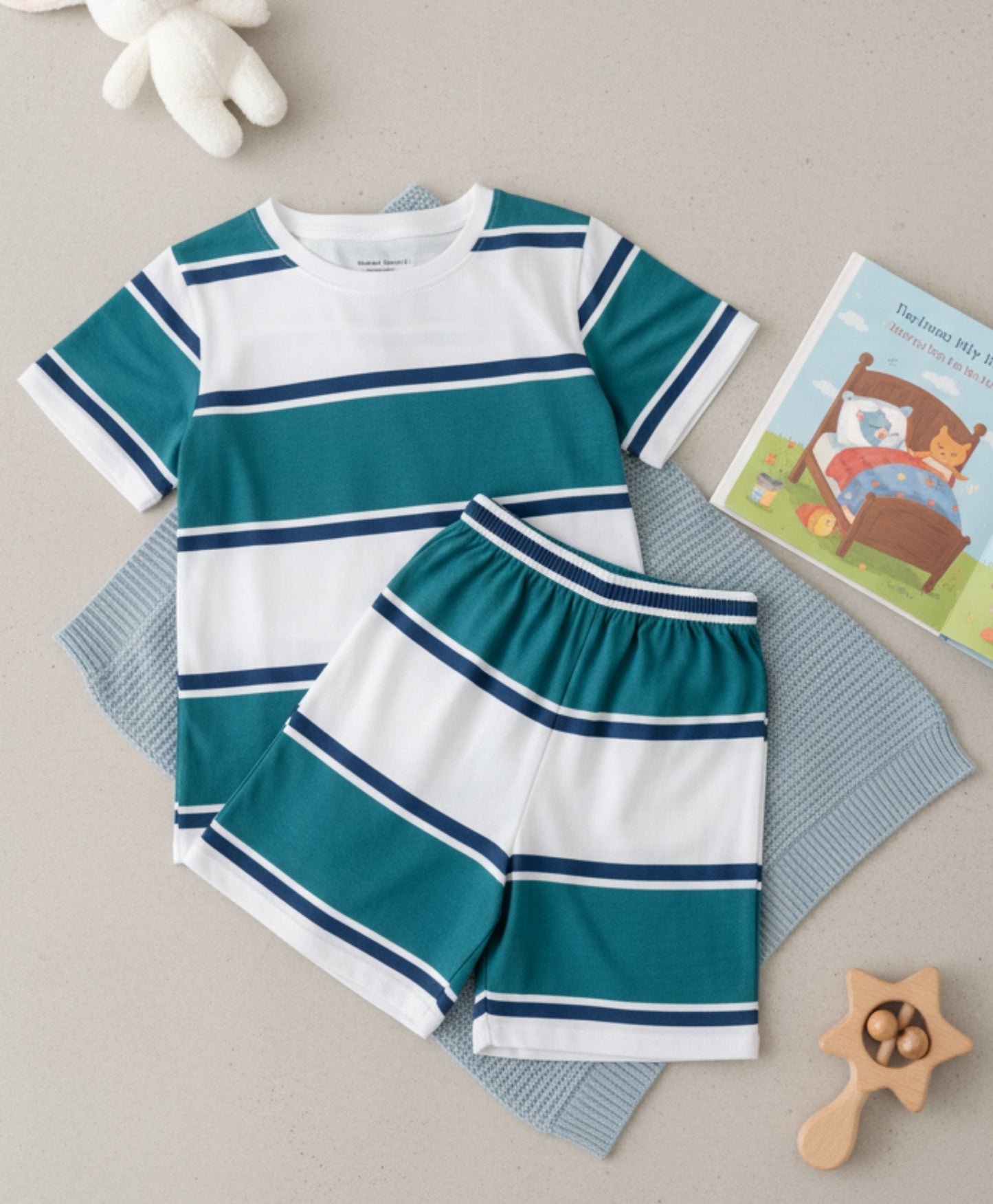 OIL GREEN NAVY WHITE GIRLS STRIPES SLEEPWEAR SHORT SET - OIL GREEN/NAVY/WHITE