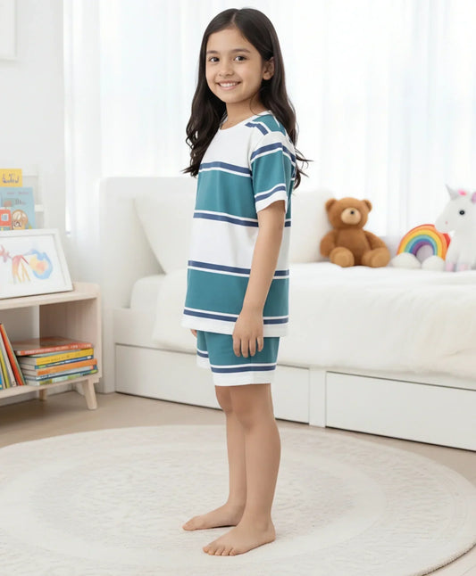 OIL GREEN NAVY WHITE GIRLS STRIPES SLEEPWEAR SHORT SET - OIL GREEN/NAVY/WHITE - Anthrilo