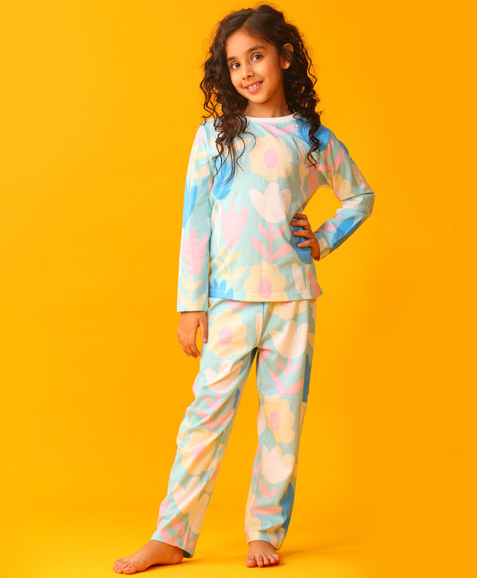 AQUA FLOWER GIRLS LONG SLEEVE PYJAMA SET - AQUA