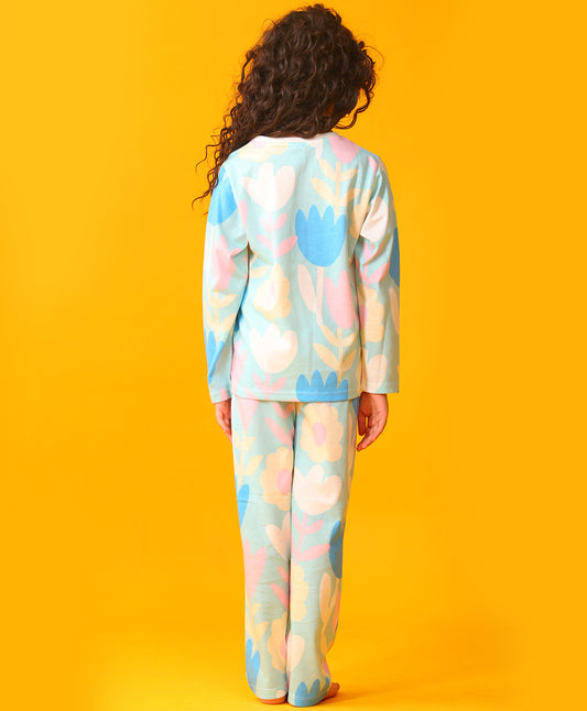AQUA FLOWER GIRLS LONG SLEEVE PYJAMA SET - AQUA