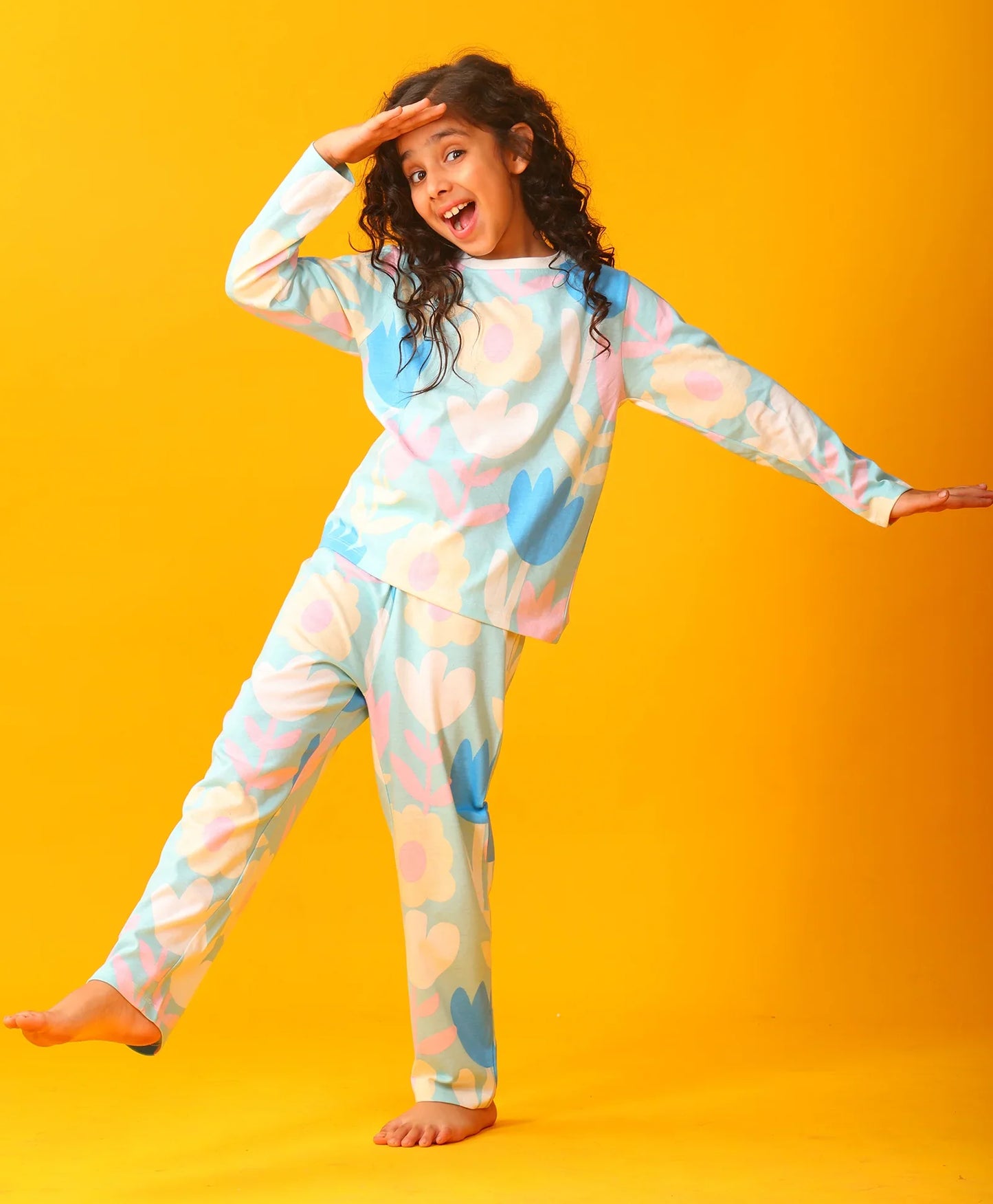 AQUA FLOWER GIRLS LONG SLEEVE PYJAMA SET - AQUA