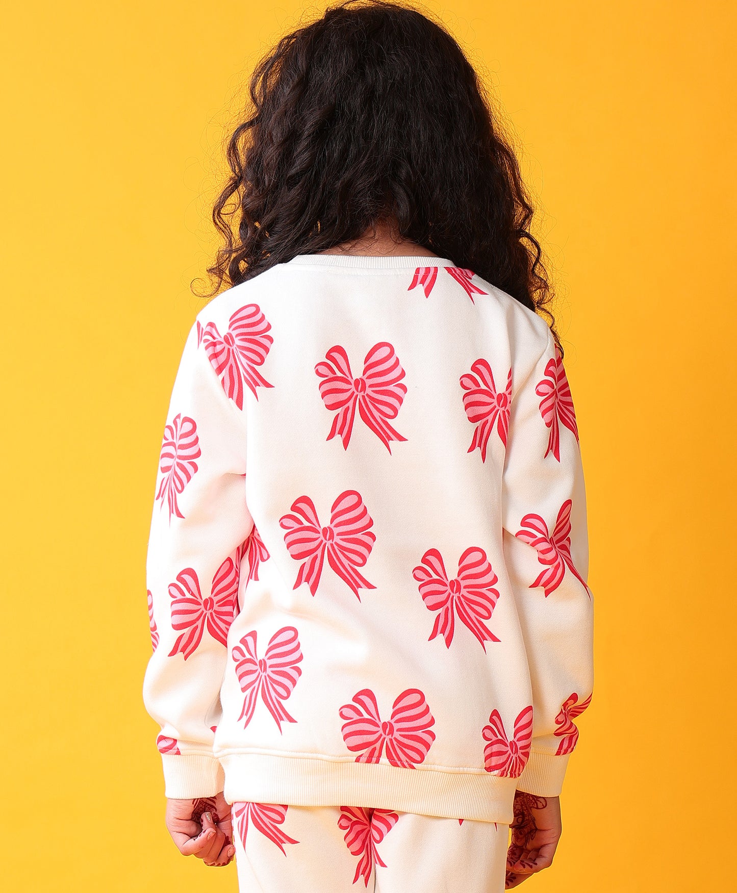 PINK BOW FLEECE GIRLS SWEATSHIRT - OFF WHITE