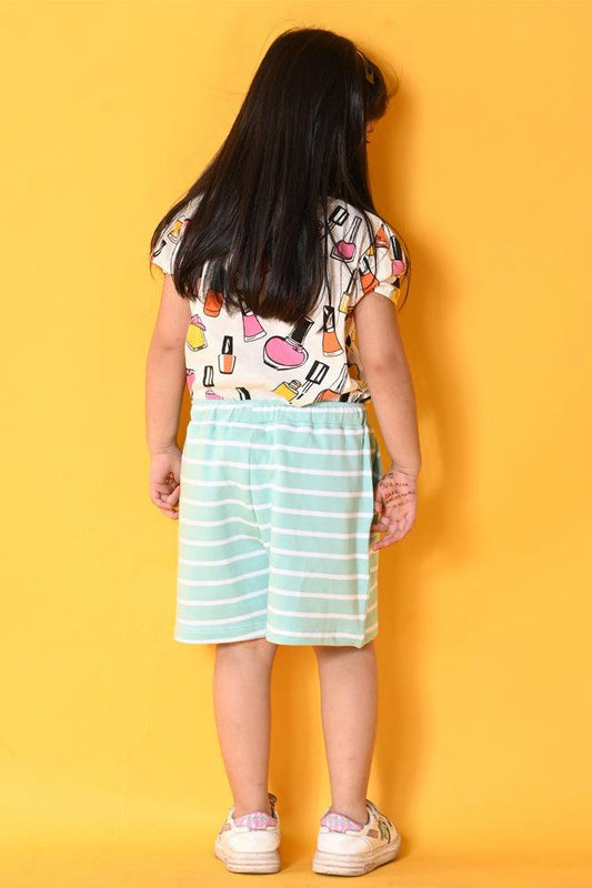 NAIL PAINT AQUA STRIPED SHORTS SET - WHITE/AQUA - Anthrilo India