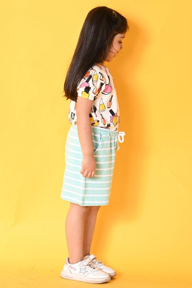 NAIL PAINT AQUA STRIPED SHORTS SET - WHITE/AQUA - Anthrilo India
