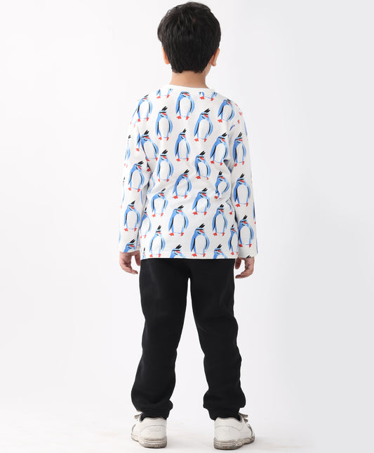 PENGUIN LONG SLEEVE T-SHIRT FLEECE JOGGER SET - WHITE/BLACK