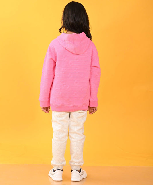 PINK FLOWER QUILTED GIRLS HOODIE ECRU FLEECE JOGGER SET - PINK / ECRU - Anthrilo