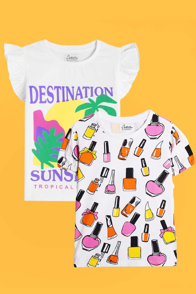 DESTINATION WHITE AND NAIL PAINT WHITE SHORT SLEEVES T-SHIRT (PACK OF 2) - Anthrilo India