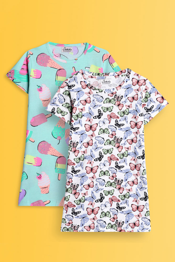 BUTTERFLY WHITE AND ICECREAM NIGHT DRESS D (PACK OF 2) - Anthrilo India