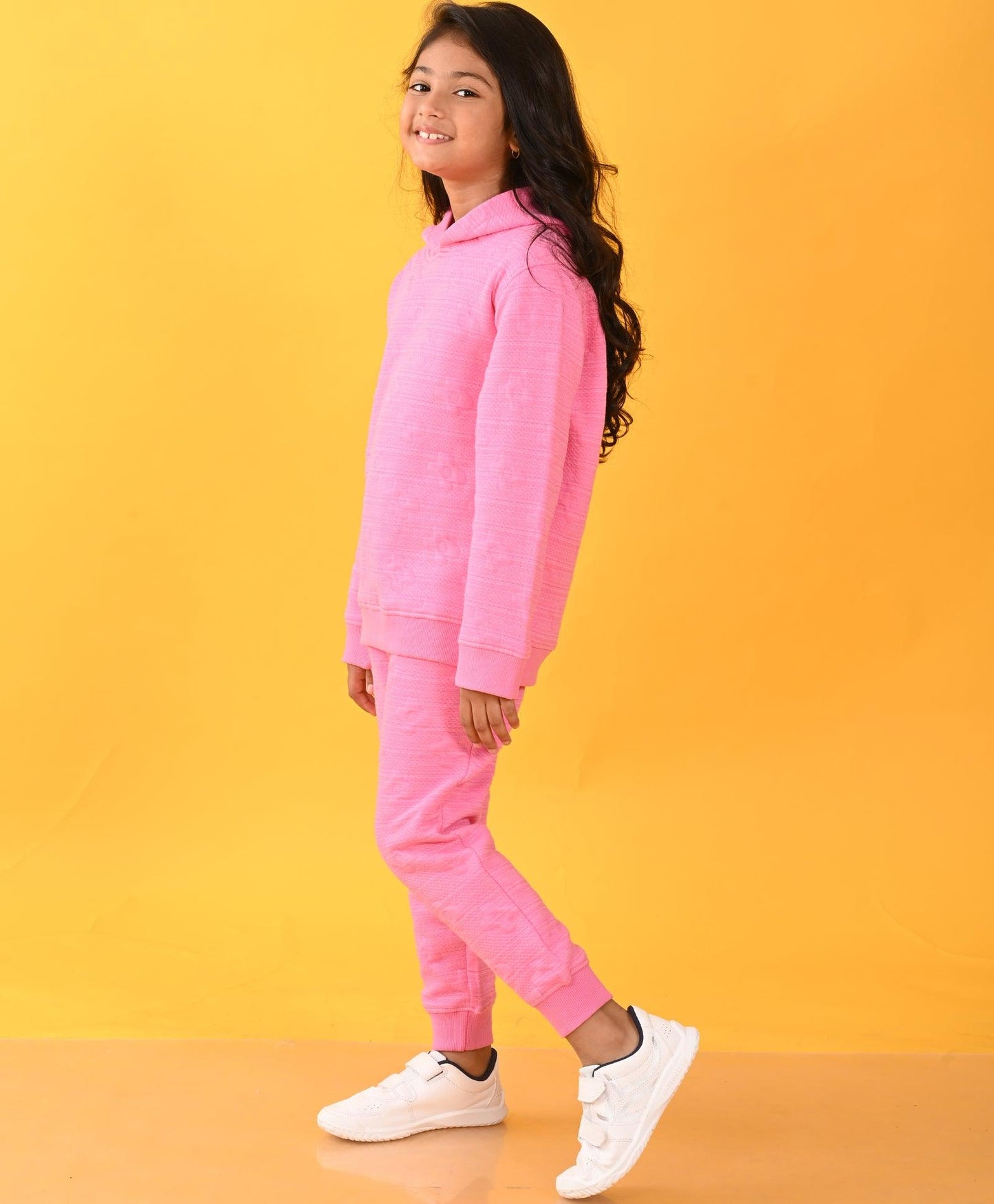 PINK FLOWER QUILTED GIRLS HOODIE JOGGER SET - PINK