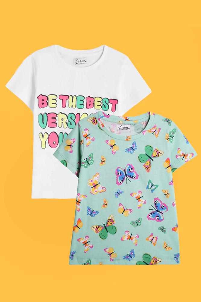 BE YOURSELF AND BUTTERFLY GREEN SHORT SLEEVES T-SHIRT (PACK OF 2) - Anthrilo India