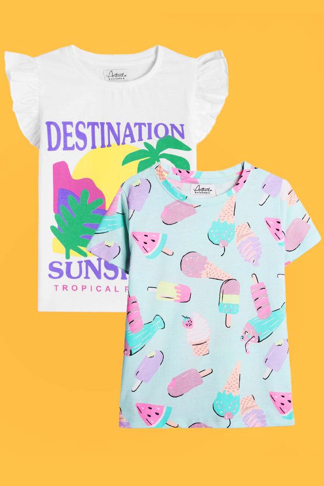 DESTINATION WHITE AND ICECREAM SHORT SLEEVES T-SHIRT (PACK OF 2) - Anthrilo India