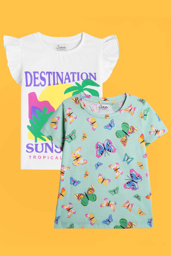 DESTINATION WHITE AND BUTTERFLY GREEN SHORT SLEEVES T-SHIRT (PACK OF 2) - Anthrilo India