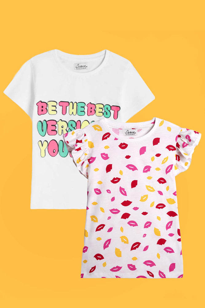 BE YOURSELF AND LIPS PRINT SHORT SLEEVES T-SHIRT (PACK OF 2) - Anthrilo India