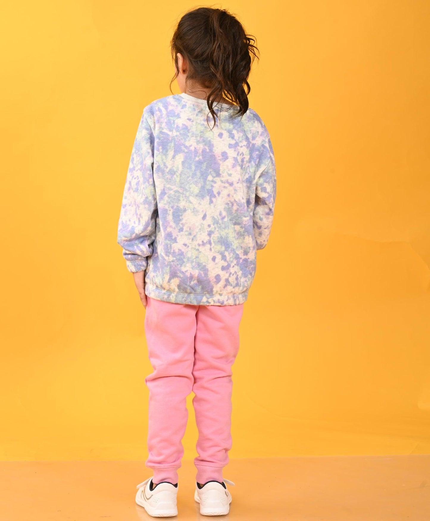 TIE DYE ECRU MELANGE TERRY SWEATSHIRT PINK FLEECE JOGGER SET - ECRU / PINK