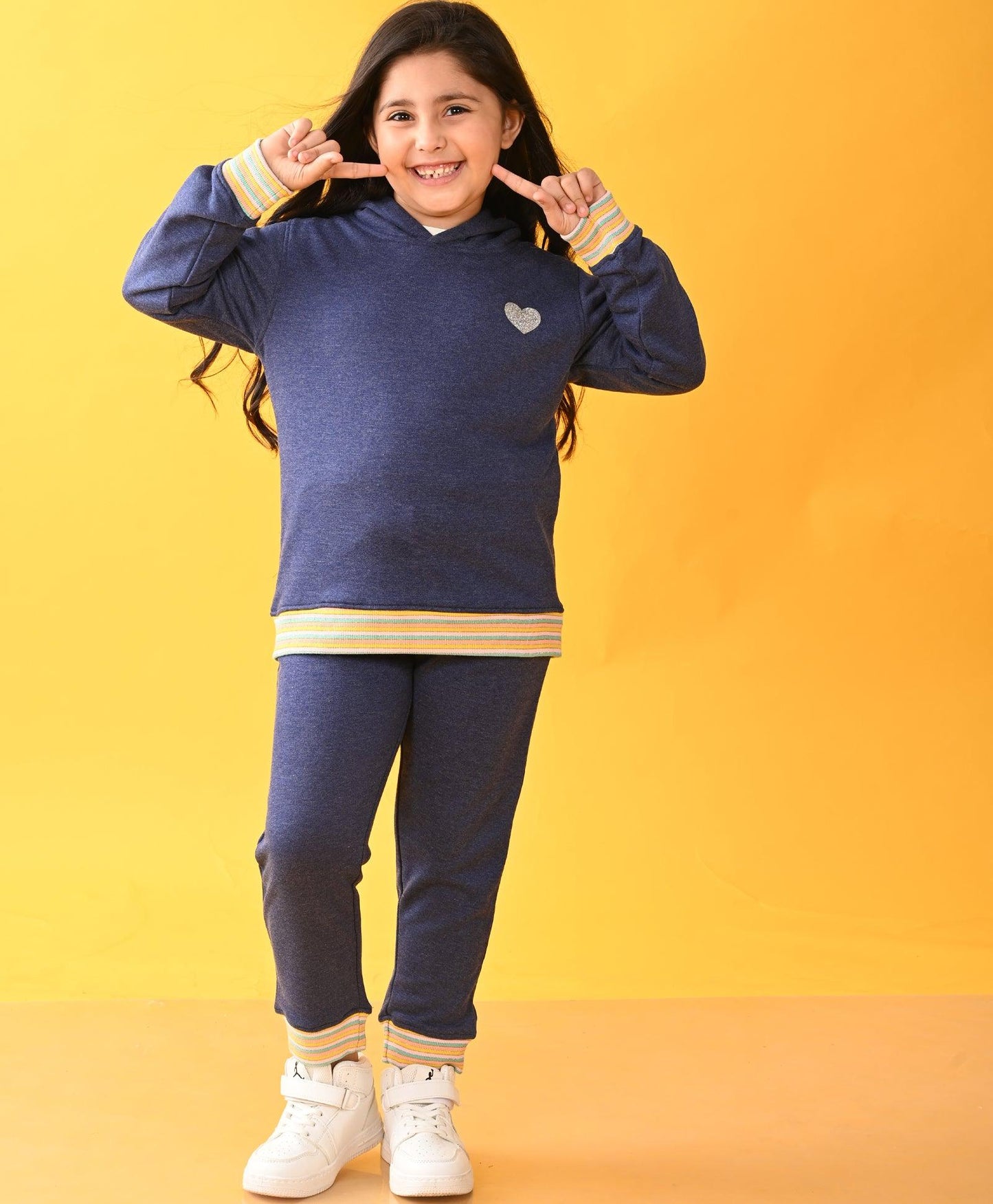 BLUE MELANGE FUN RIB TERRY GIRLS HOODIE JOGGER SET D - BLUE
