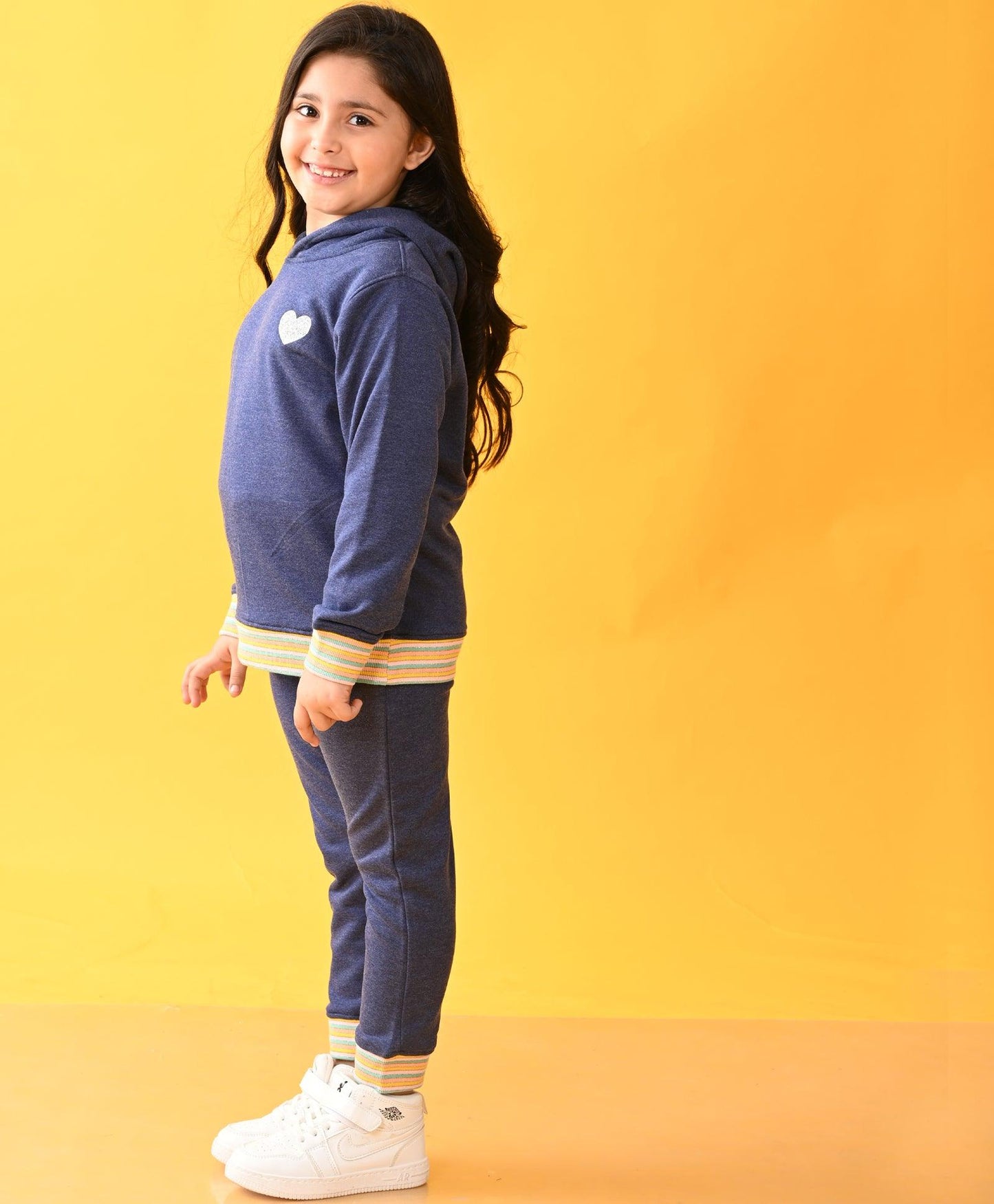BLUE MELANGE FUN RIB TERRY GIRLS HOODIE JOGGER SET D - BLUE