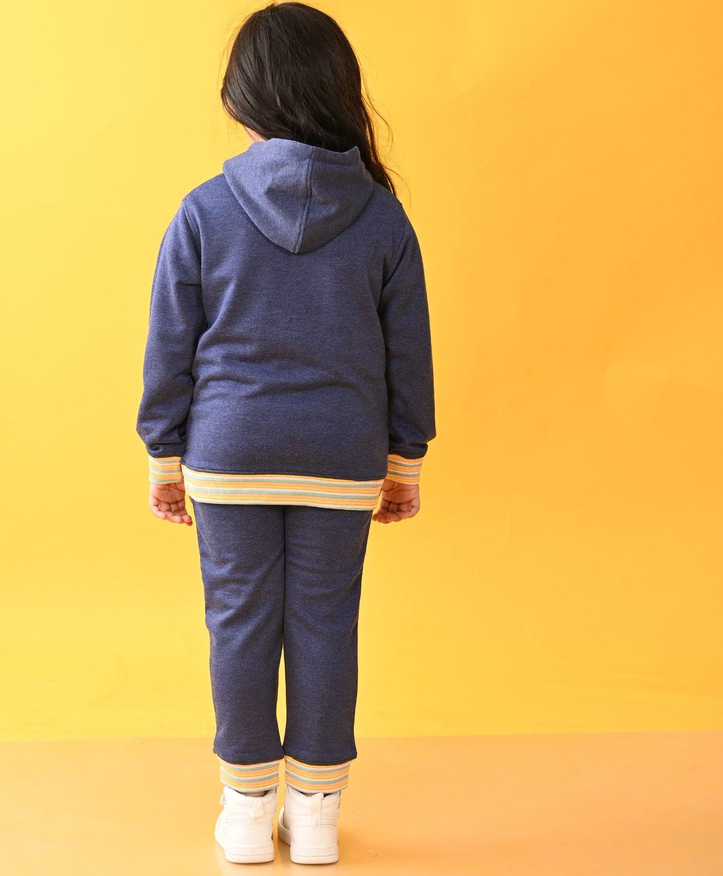 BLUE MELANGE FUN RIB TERRY GIRLS HOODIE JOGGER SET D - BLUE