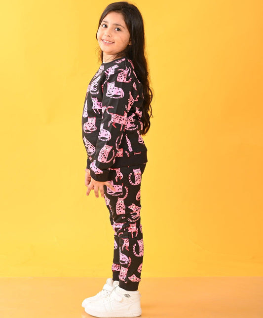 FUNNY CATS FLEECE GIRLS SWEATSHIRT JOGGER SET - BLACK - Anthrilo