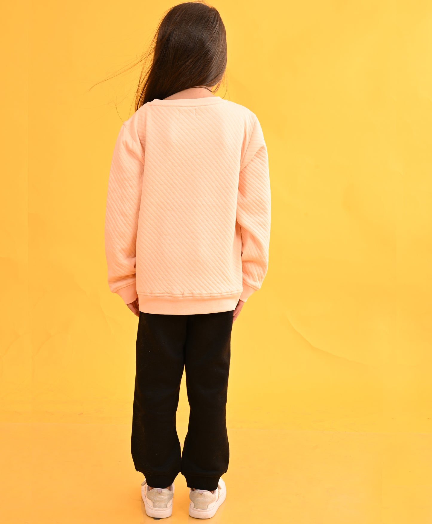 PEACH QUILTED GIRLS SWEATSHIRT BLACK FLEECE JOGGER SET - PEACH / BLACK