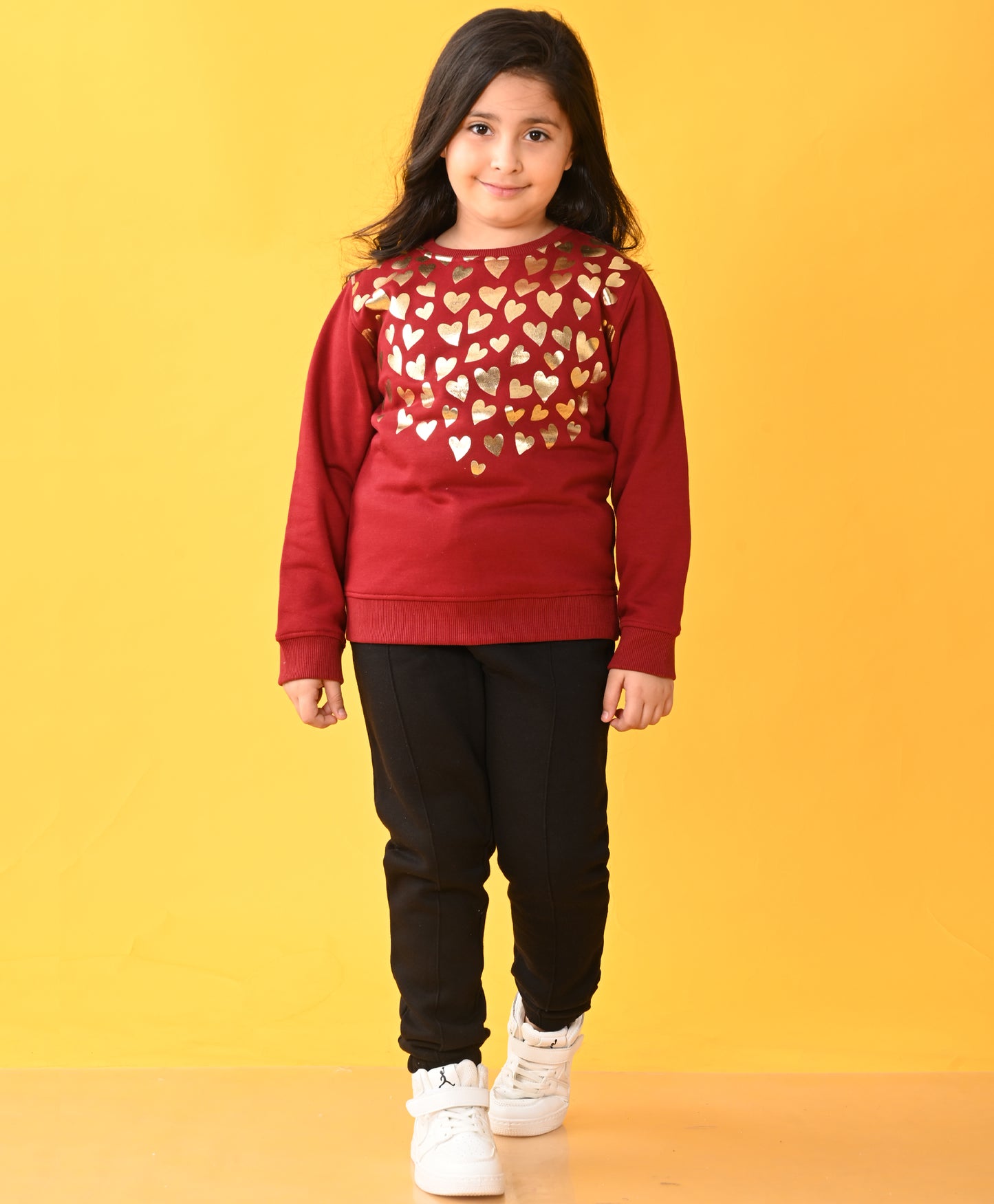 HEART FOIL FLEECE SWEATSHIRT BLACK JOGGER SET D - MEHROON / BLACK