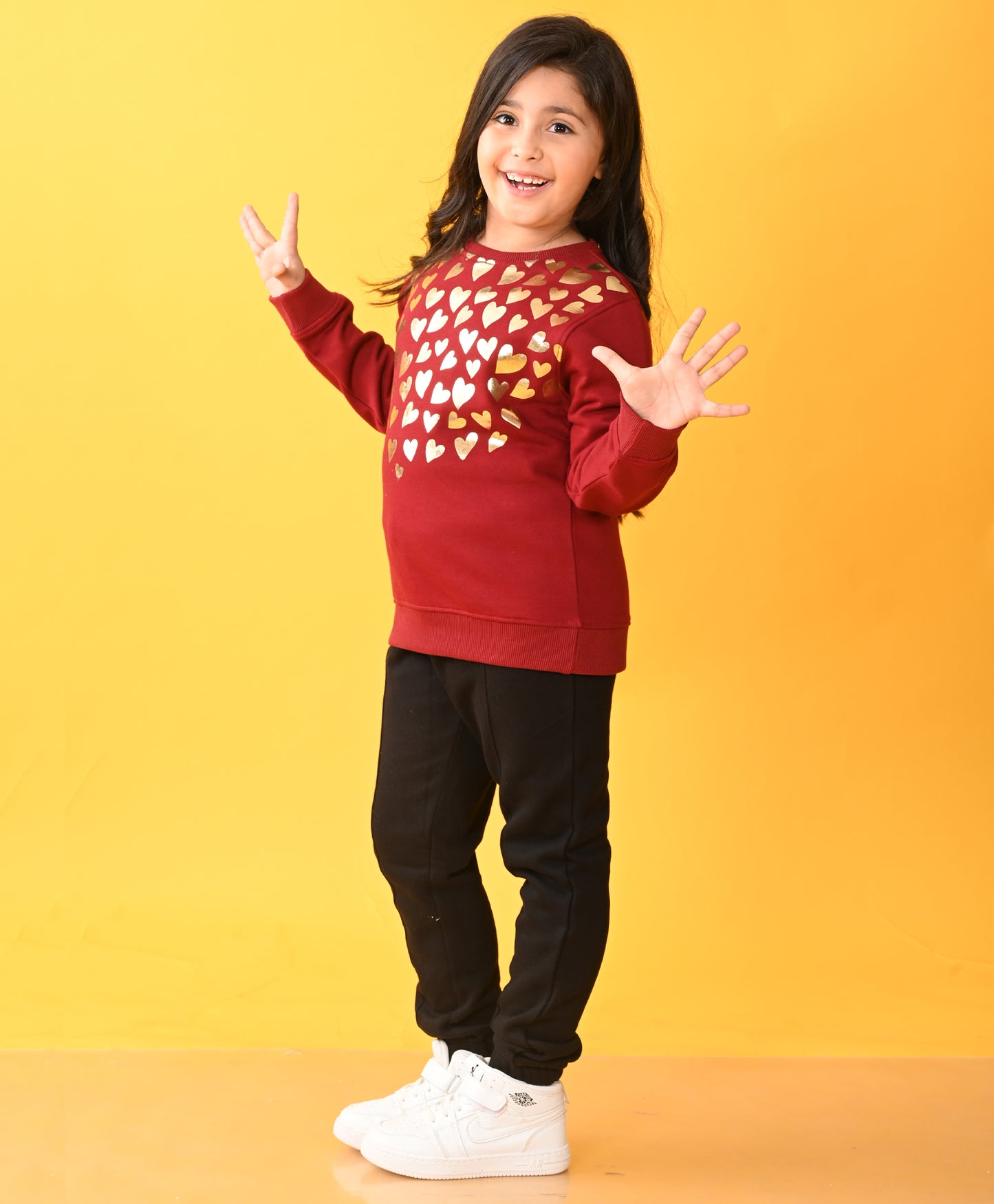 HEART FOIL FLEECE SWEATSHIRT BLACK JOGGER SET D - MEHROON / BLACK