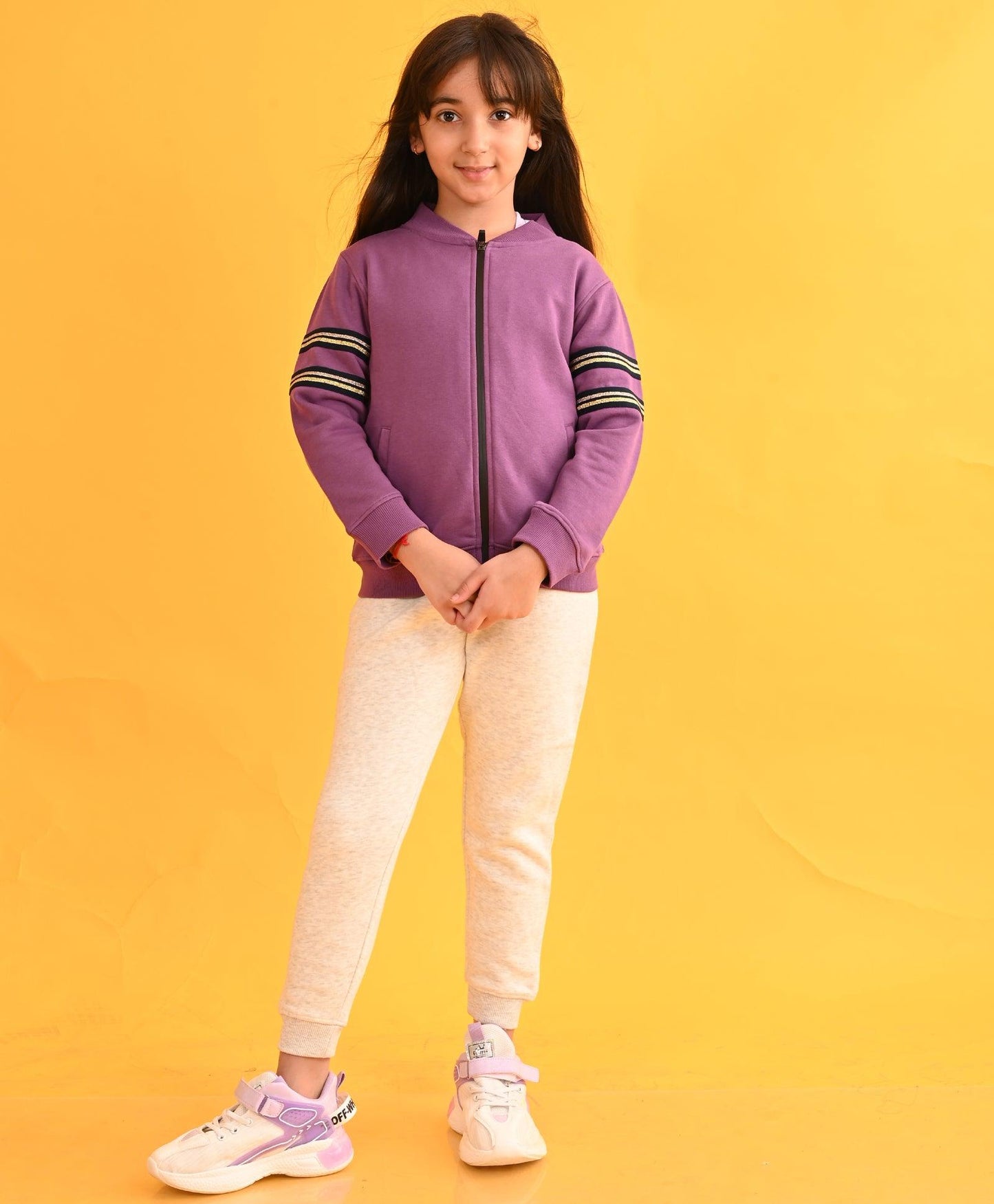 PURPLE GLITTER TAPE ZIPPER ECRU FLEECE SWEATSHIRT JOGGER SET - PURPLE/ECRU